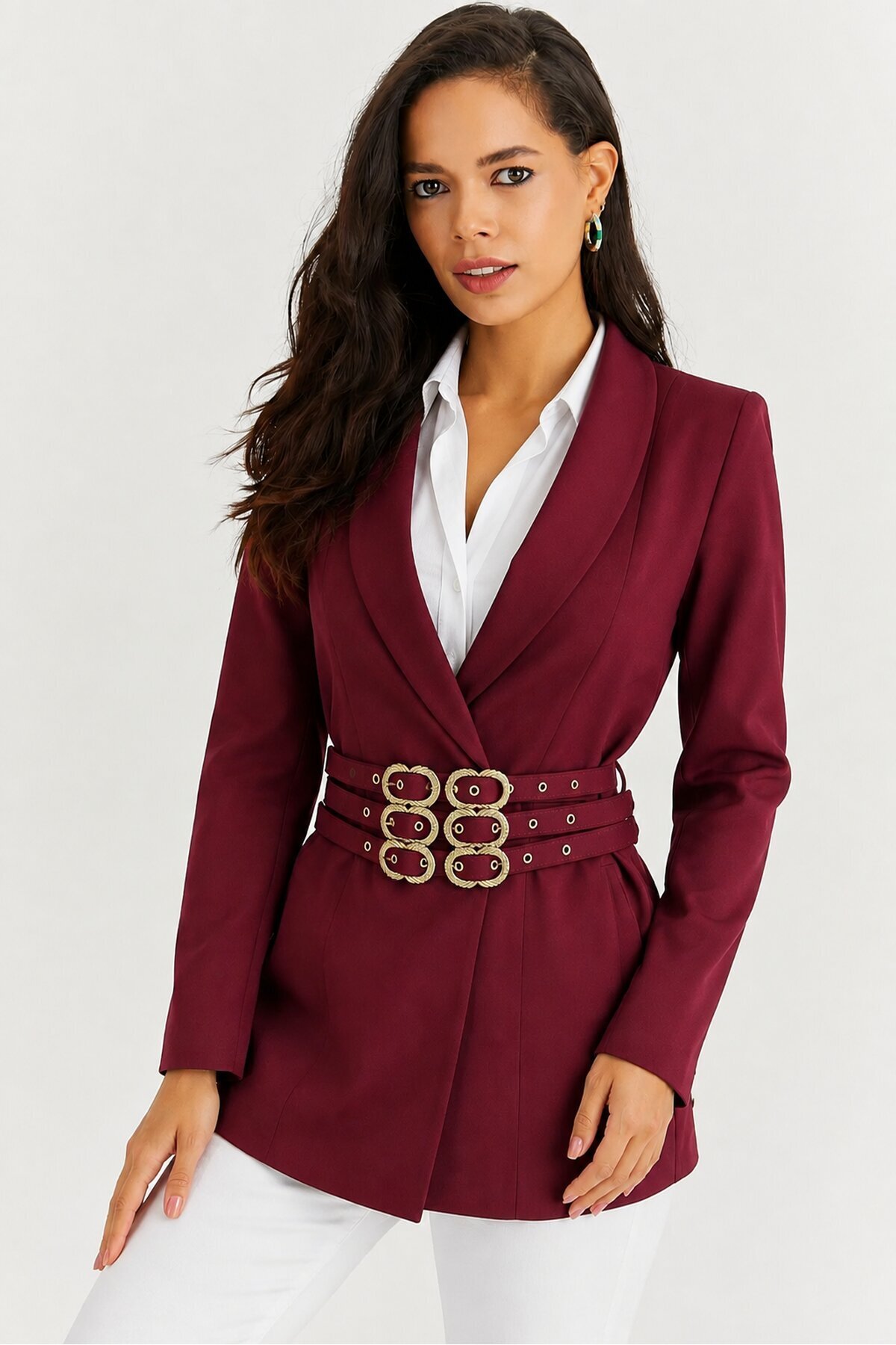 Bordo Kemer Detaylı Kadın Blazer Ceket