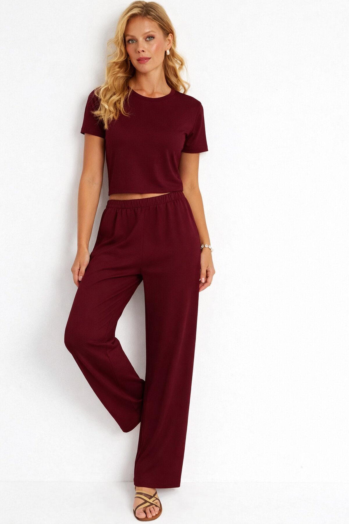 Bordo Modal Kumaş Crop Tişört & Yüksek Bel Bol Paça Takım