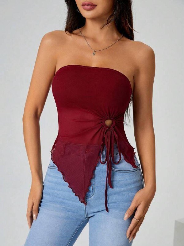 Bordo Straplez Tül Detaylı Büzgülü Crop Bluz