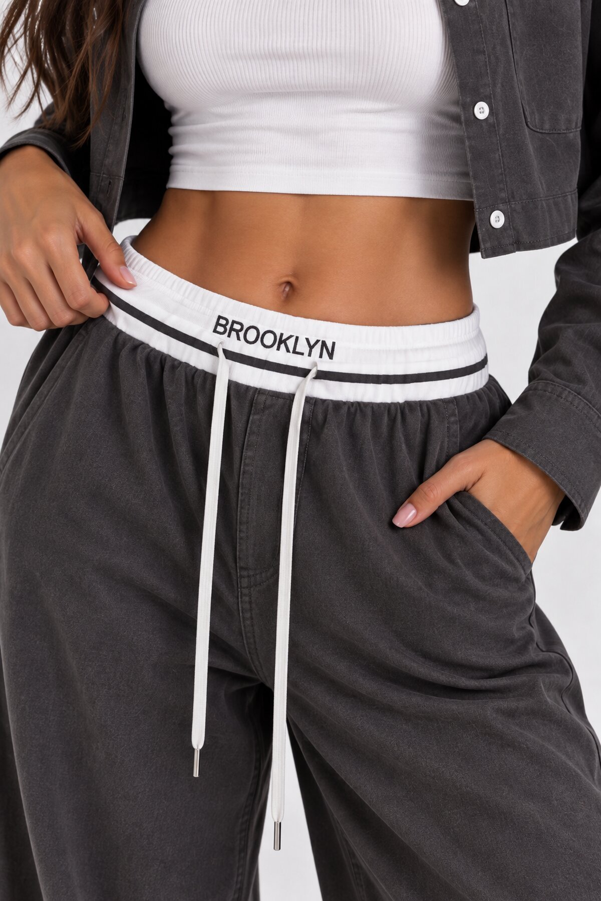 Brooklyn Kadın Crop Gömlek & Bol Paça Pantolon İkili Takım – Antrasit