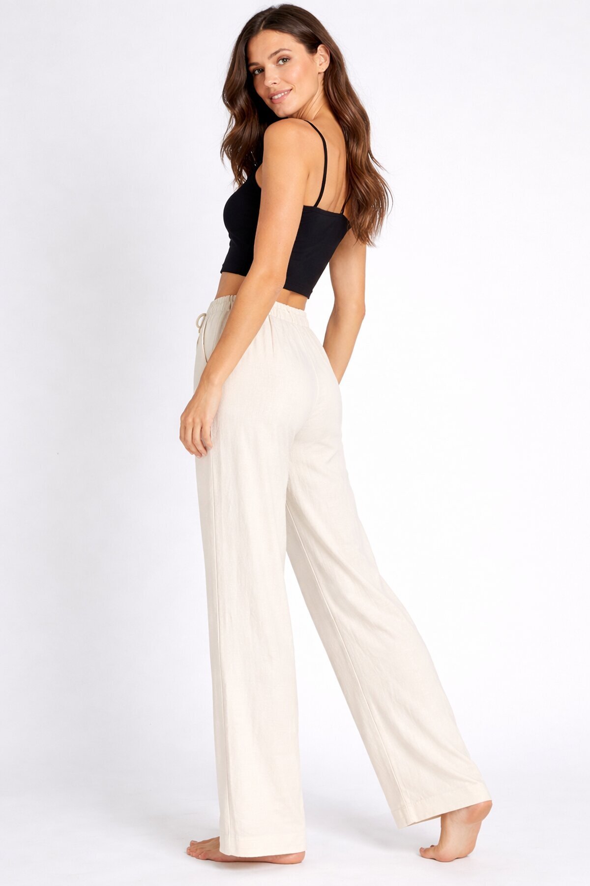 Bürümcük Kumaş Lastikli Bel Salaş Pantolon – Ekru Rahat Kesim Günlük Şıklık