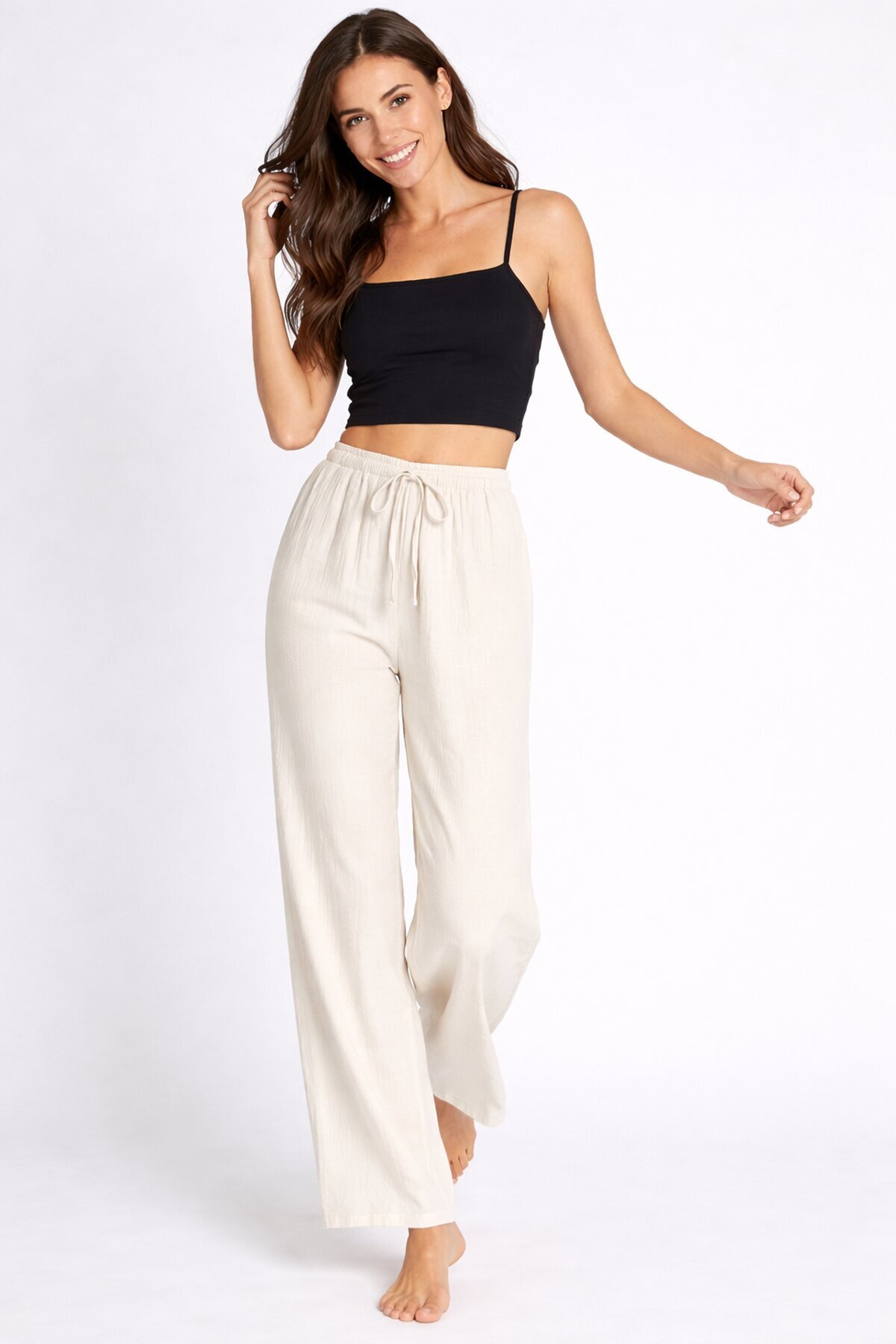 Bürümcük Kumaş Lastikli Bel Salaş Pantolon – Ekru Rahat Kesim Günlük Şıklık