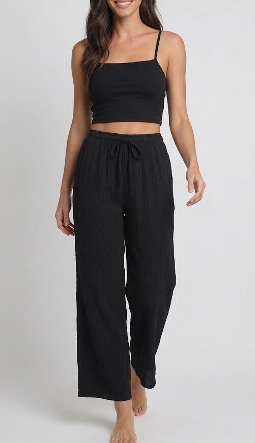 Bürümcük Kumaş Lastikli Bel Salaş Pantolon – Siyah Rahat Kesim Günlük Şıklık