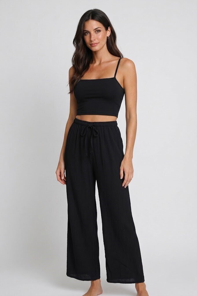 Bürümcük Kumaş Lastikli Bel Salaş Pantolon – Siyah Rahat Kesim Günlük Şıklık
