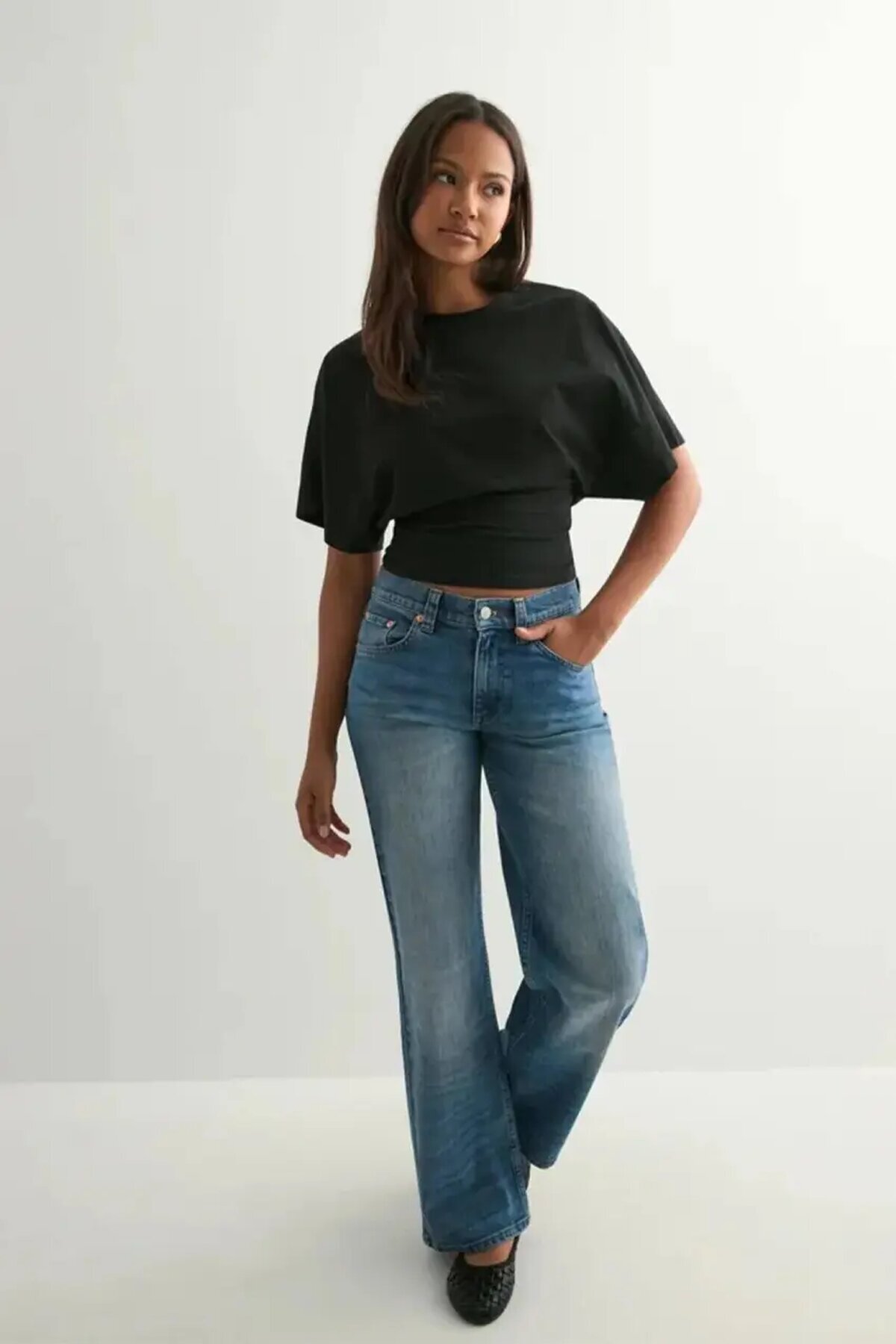 Dalgıç Kumaş Bele Oturan Bisiklet Yaka Geniş Kısa Kollu Bluz