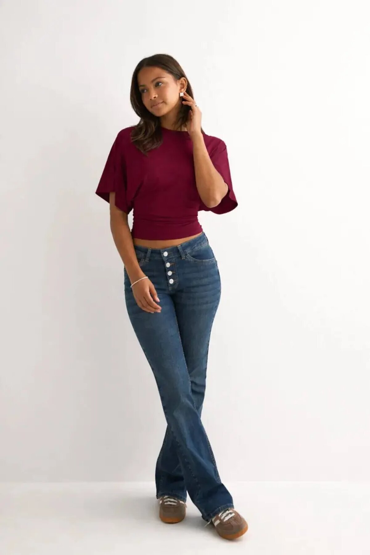 Dalgıç Kumaş Bele Oturan Bisiklet Yaka Geniş Kısa Kollu Bluz