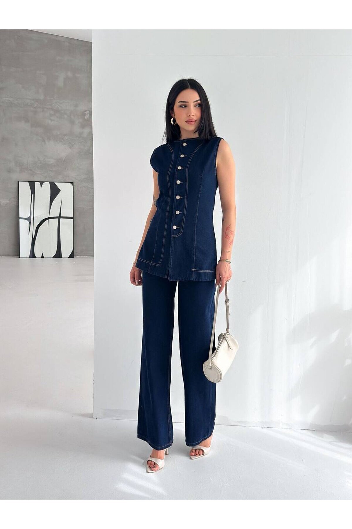 Düğme Detaylı Denim Yelek & Pantolon Takım – Lacivert
