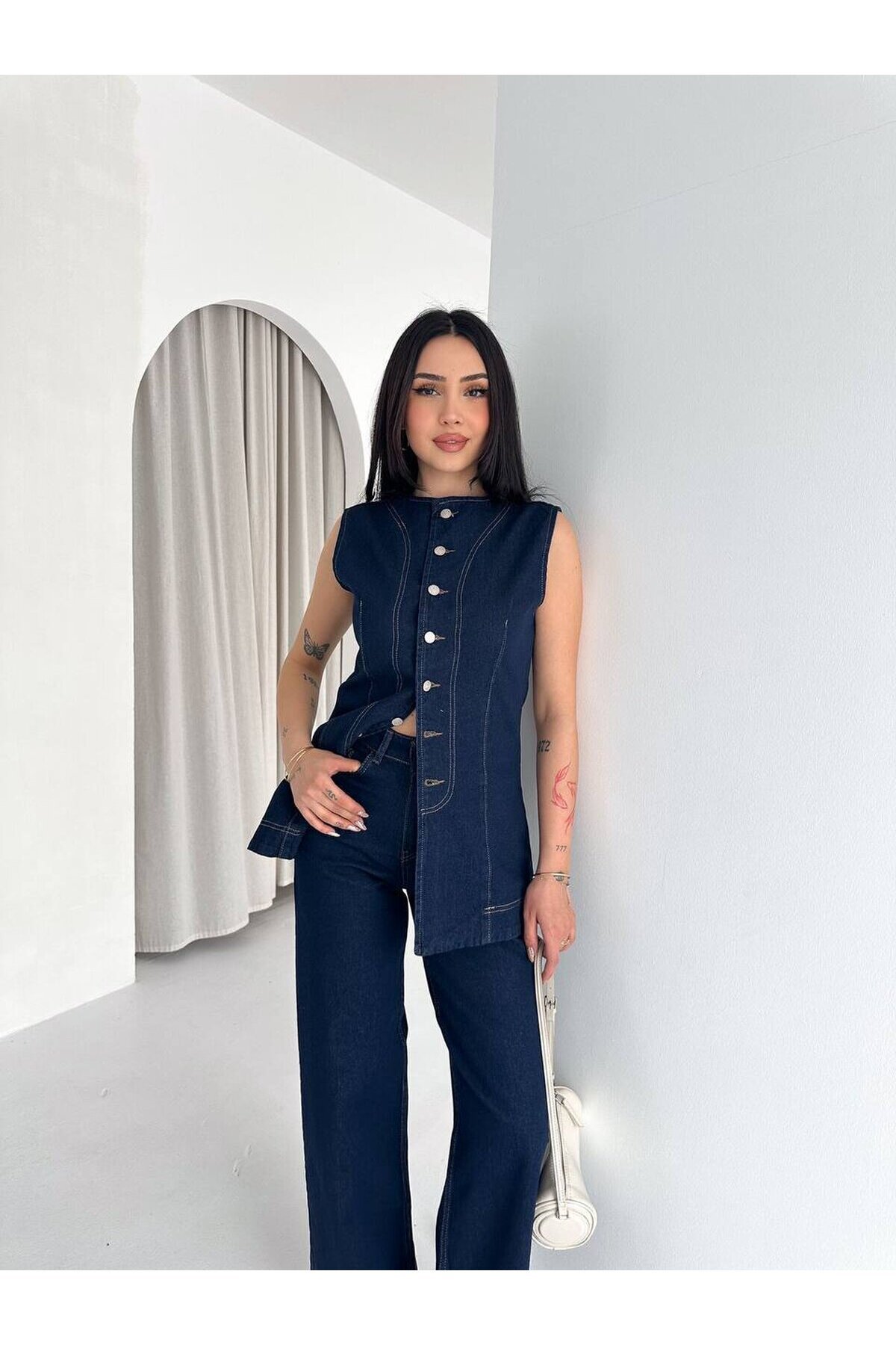 Düğme Detaylı Denim Yelek & Pantolon Takım – Lacivert