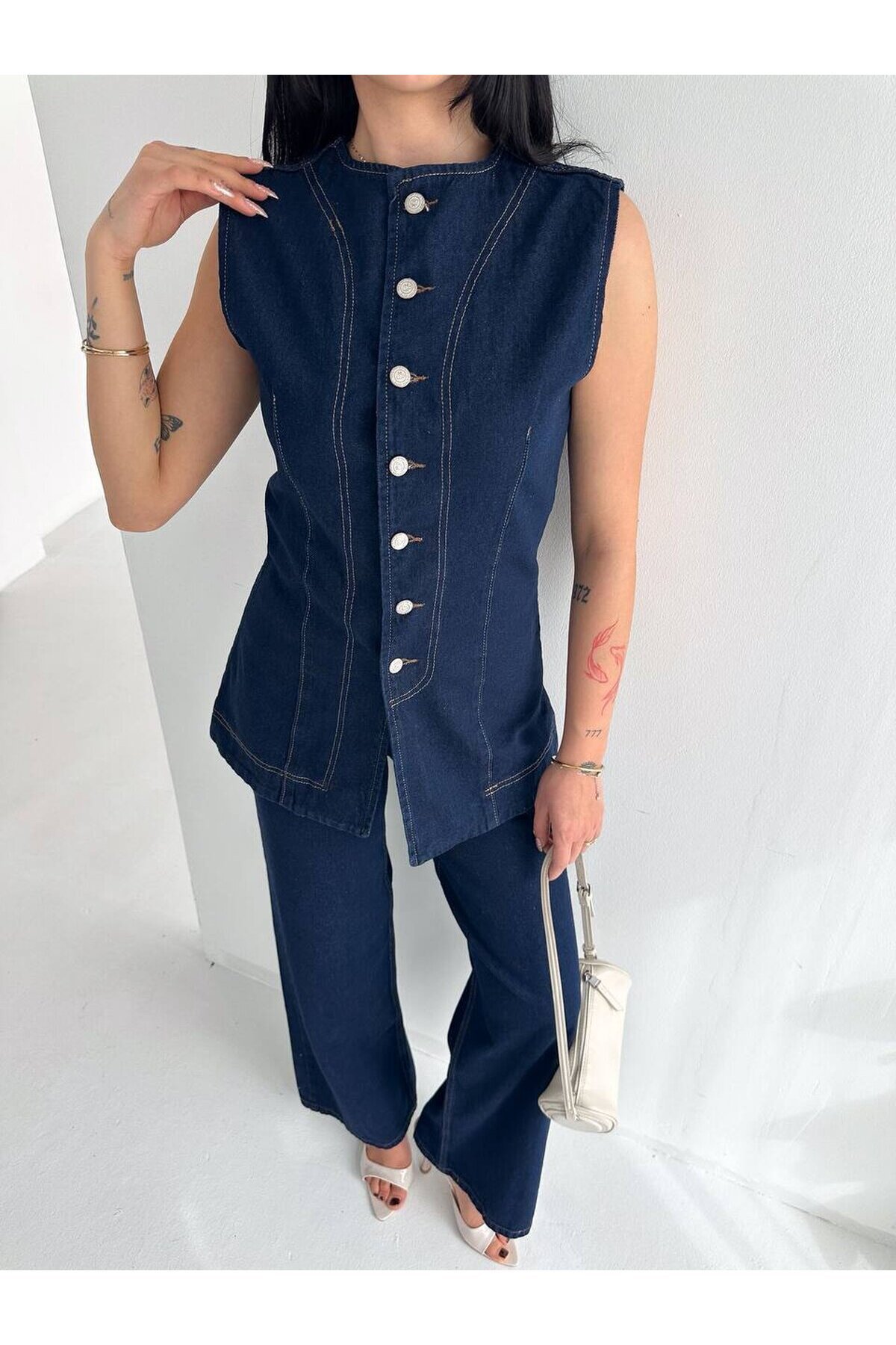 Düğme Detaylı Denim Yelek & Pantolon Takım – Lacivert