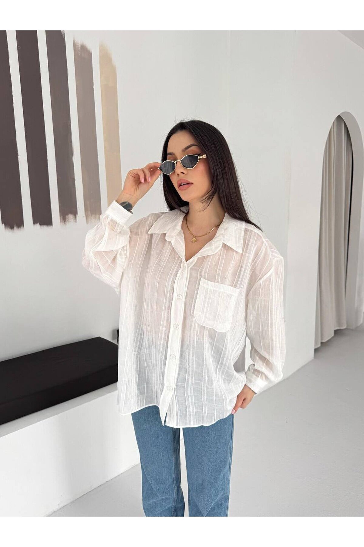 Ekru Çizgili Transparan Dokulu Oversize Kadın Gömlek