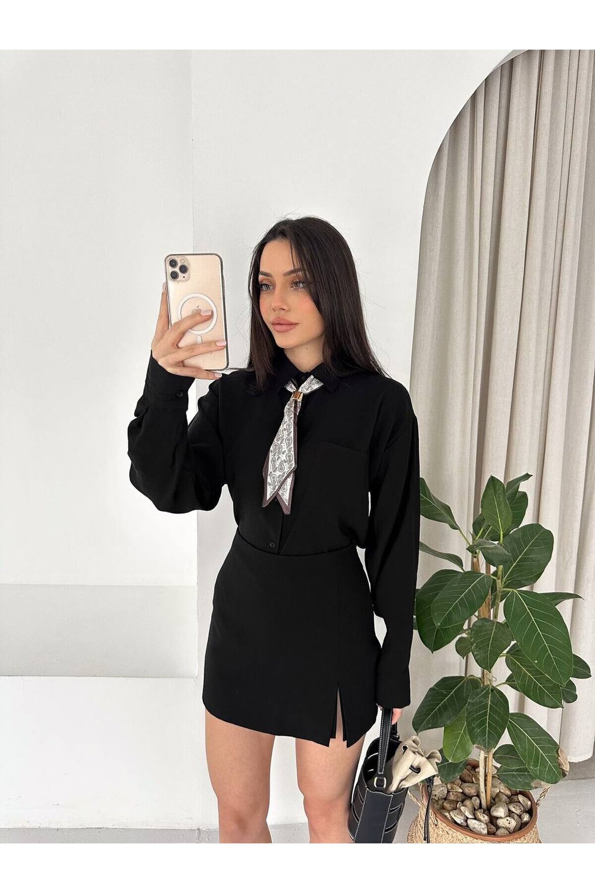 Fularlı Gömlek Siyah