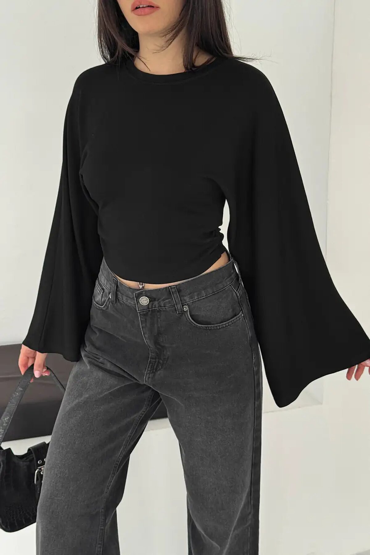 Geniş Kol Crop Bluz Siyah