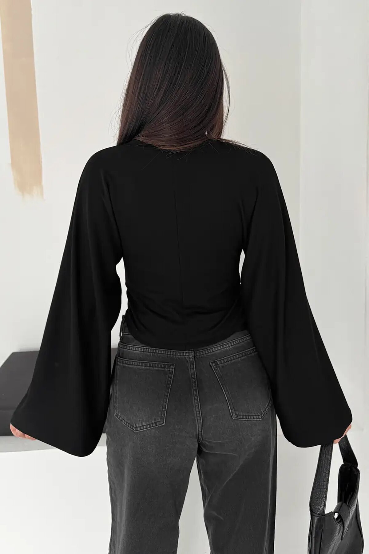 Geniş Kol Crop Bluz Siyah