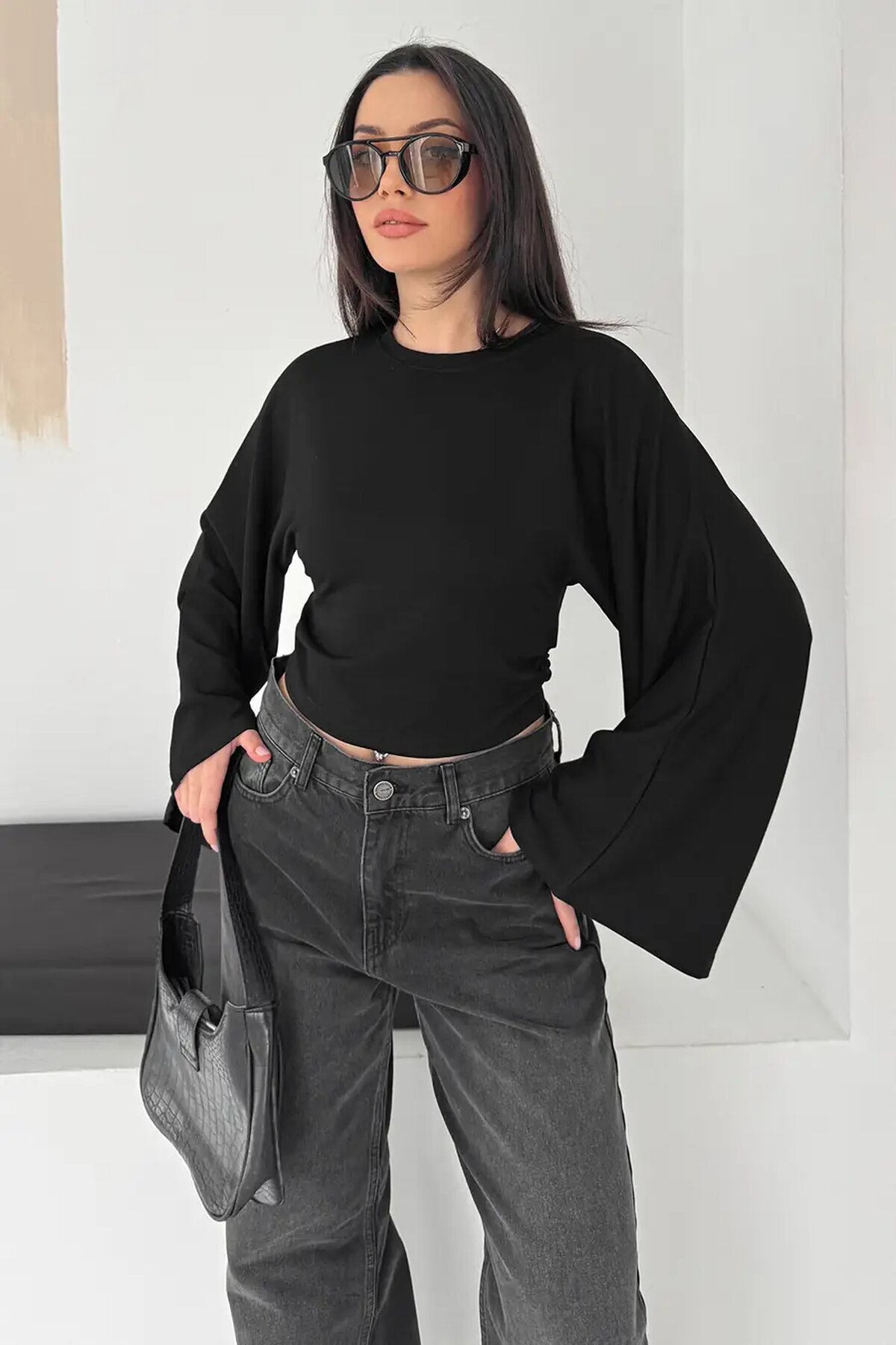 Geniş Kol Crop Bluz Siyah