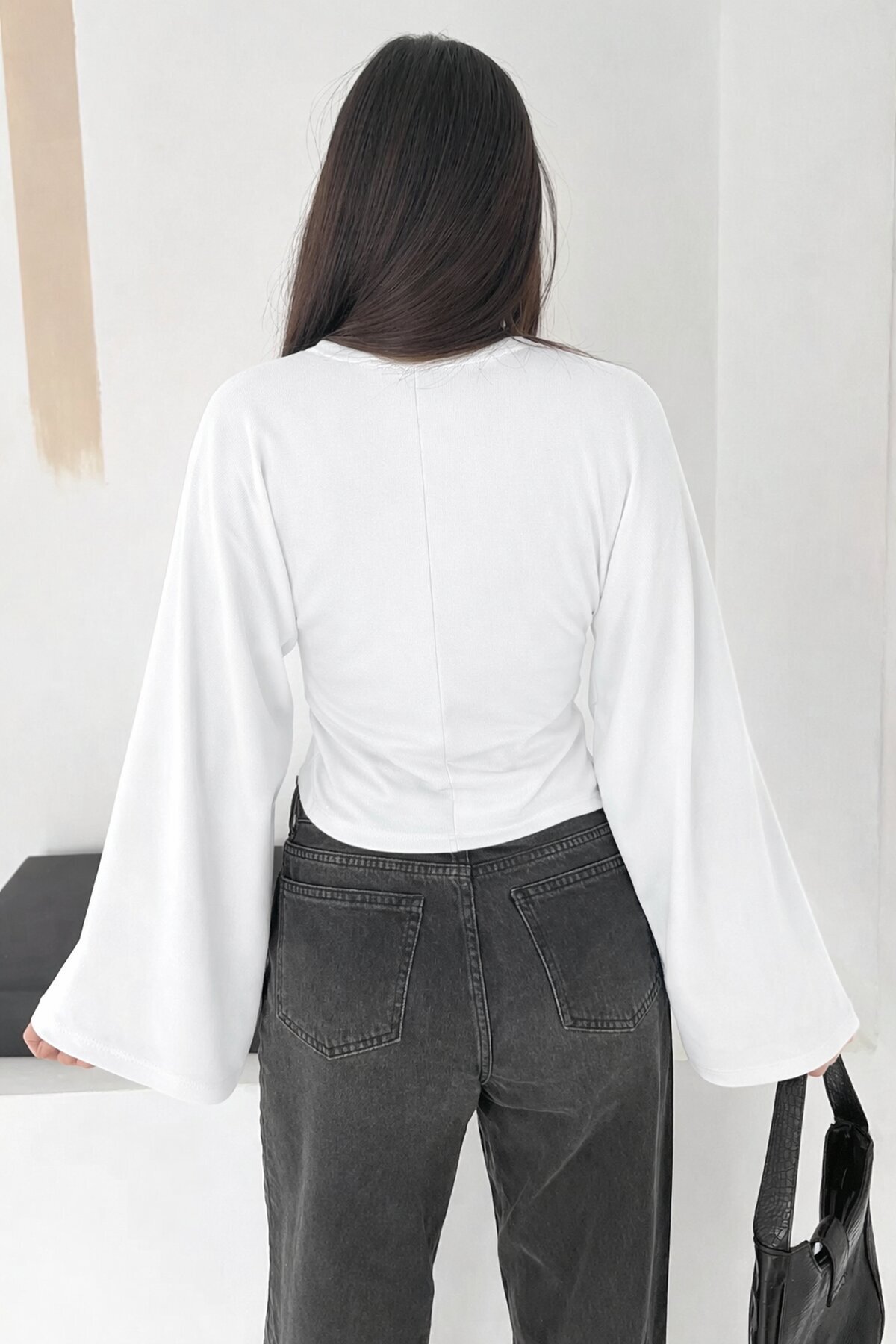 Geniş Kol Crop Bluz Beyaz