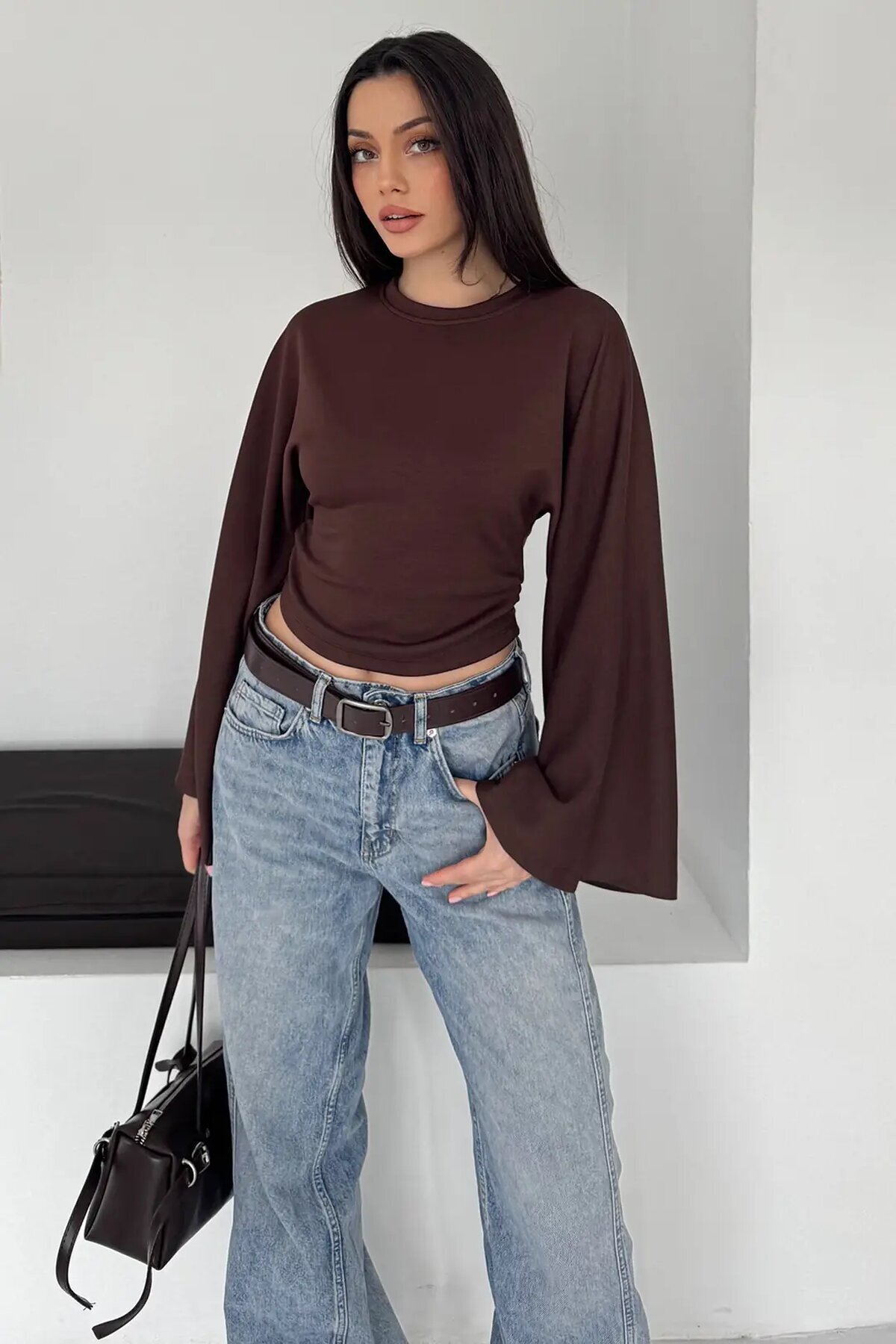 Geniş Kol Crop Bluz Kahverengi