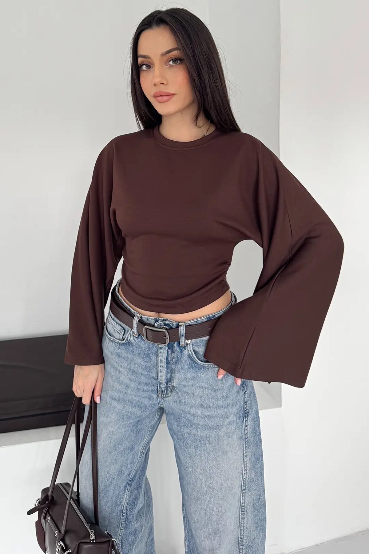 Geniş Kol Crop Bluz Kahverengi