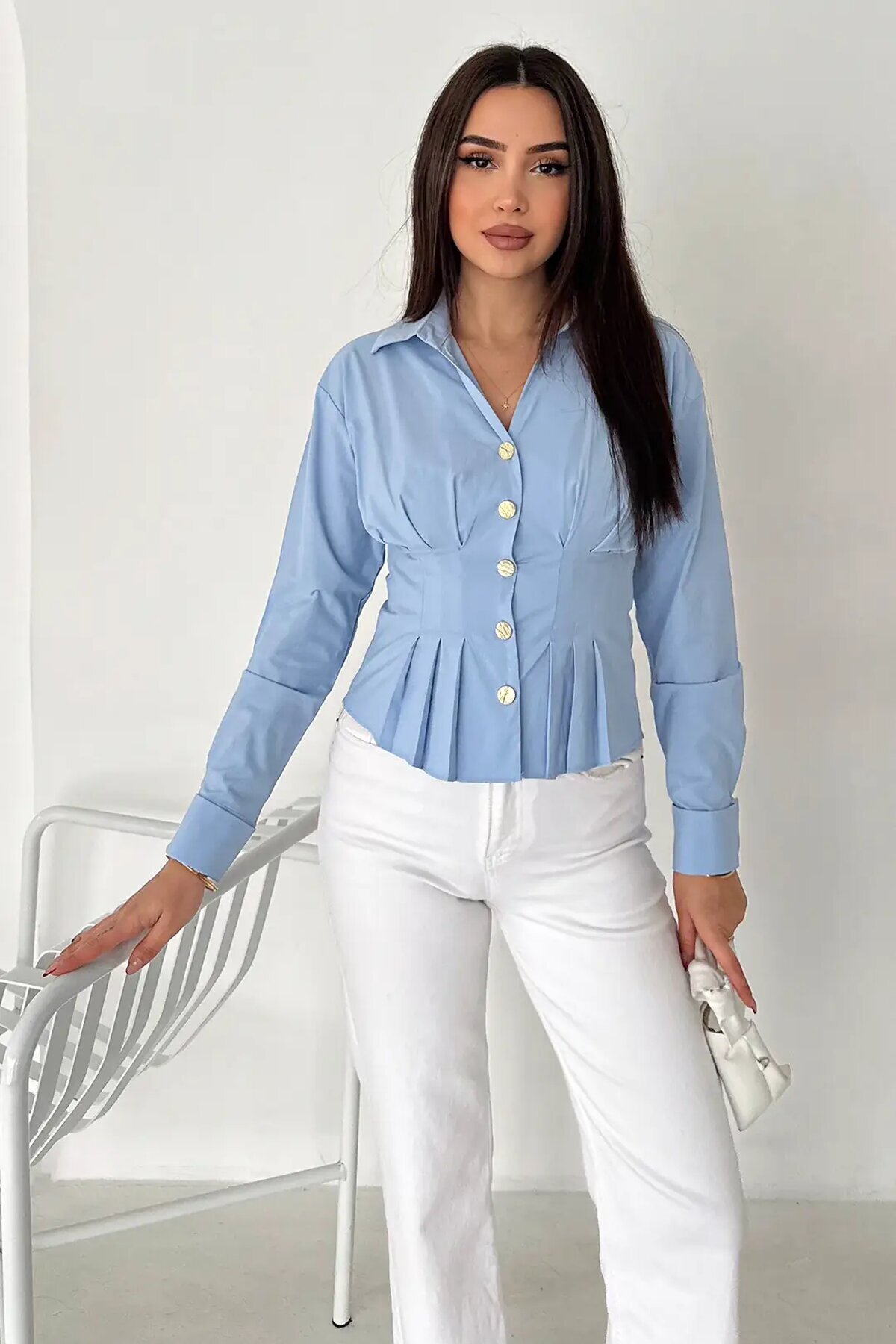 Gold Düğme Pile Detaylı Gömlek Mavi