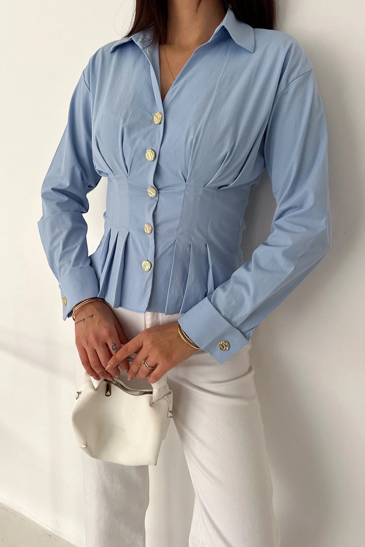 Gold Düğme Pile Detaylı Gömlek Mavi