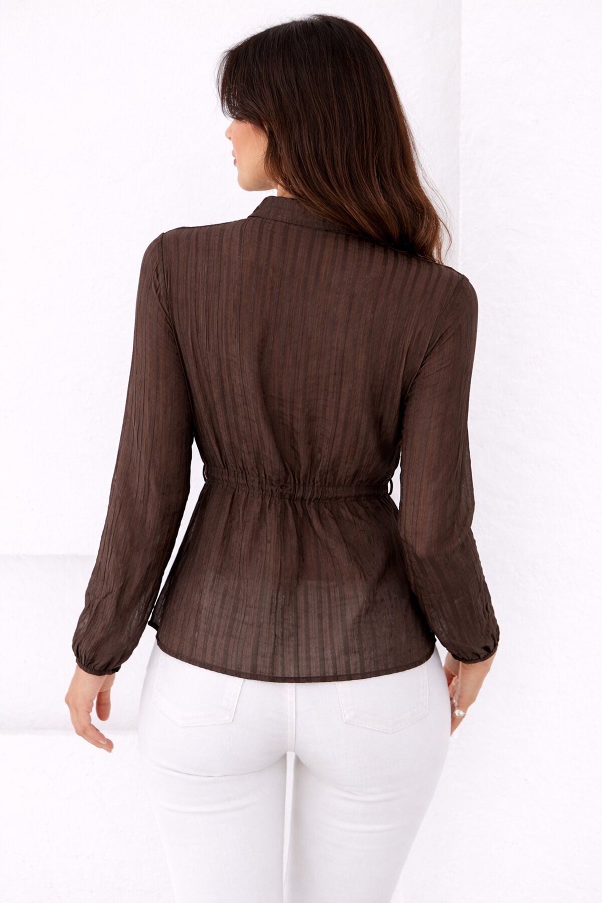 Hakim Yaka V Düğmeli Bluz Kahverengi