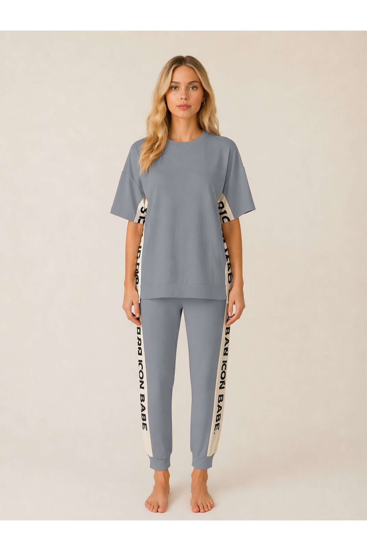 ICONE BABE Şerit Detaylı Oversize T-Shirt & Jogger Takım – Gri