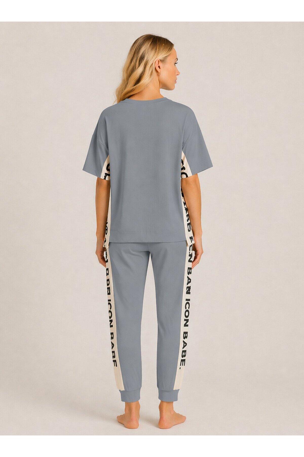 ICONE BABE Şerit Detaylı Oversize T-Shirt & Jogger Takım – Gri