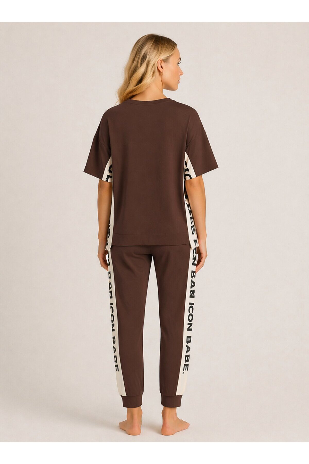 ICONE BABE Şerit Detaylı Oversize T-Shirt & Jogger Takım – Kahverengi