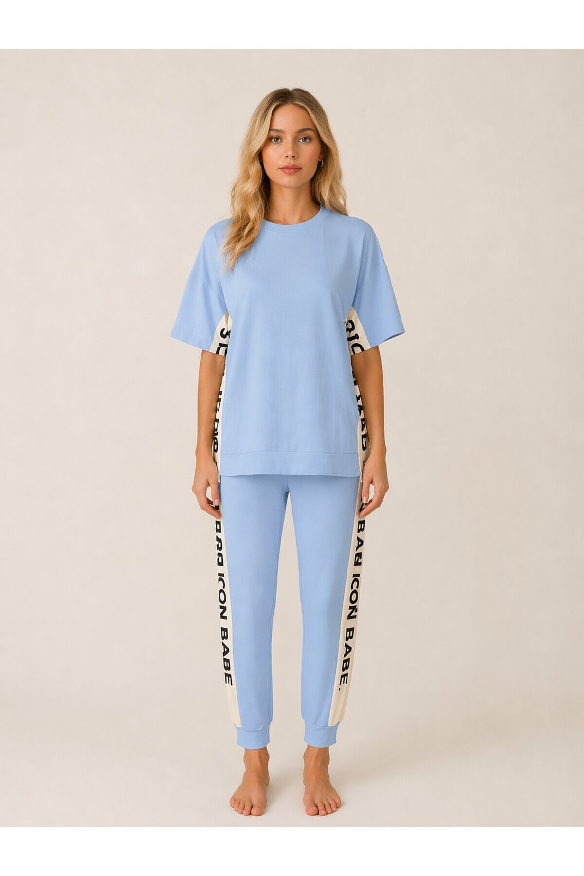 ICONE BABE Şerit Detaylı Oversize T-Shirt & Jogger Takım – Mavi