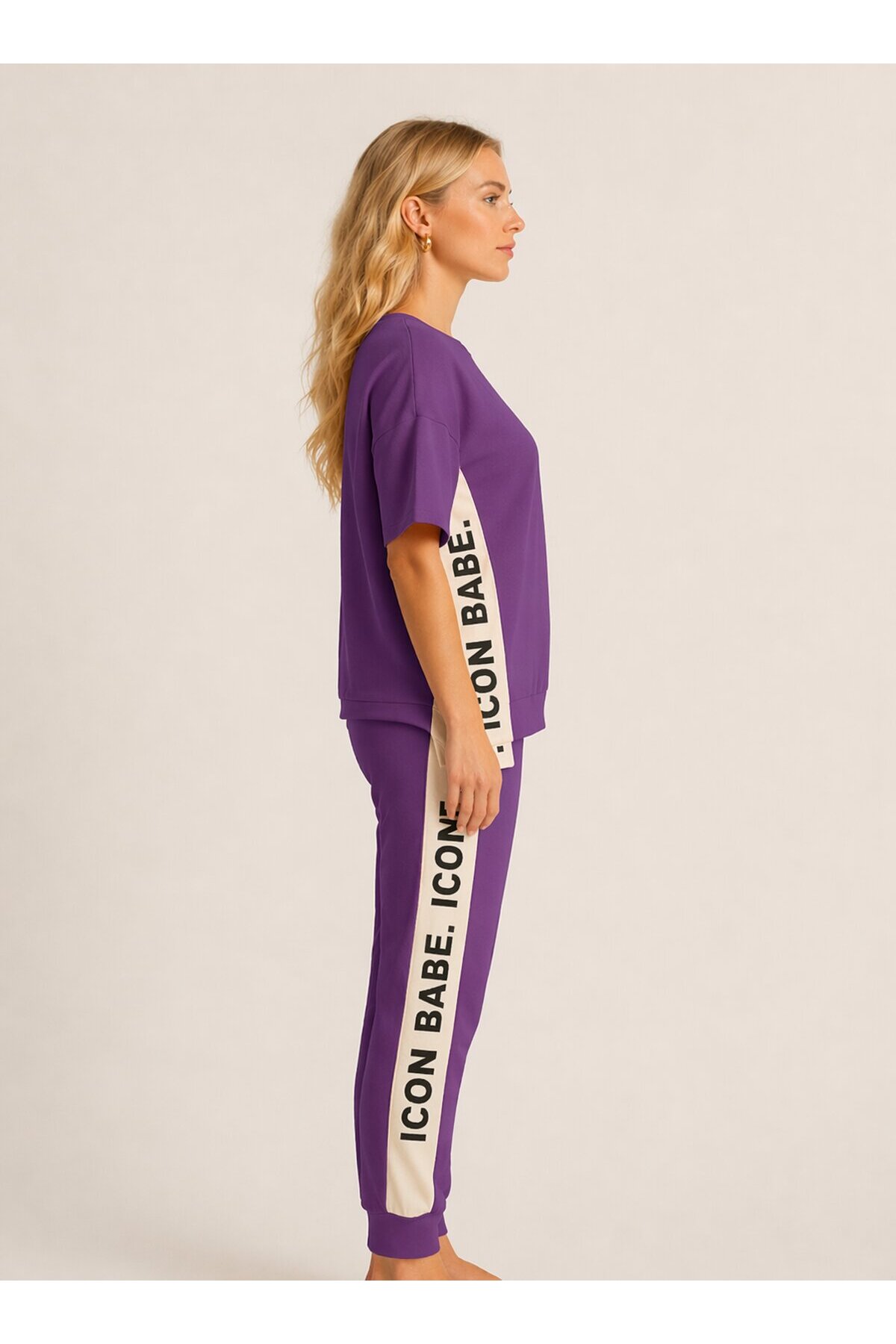 ICONE BABE Şerit Detaylı Oversize T-Shirt & Jogger Takım – Mor