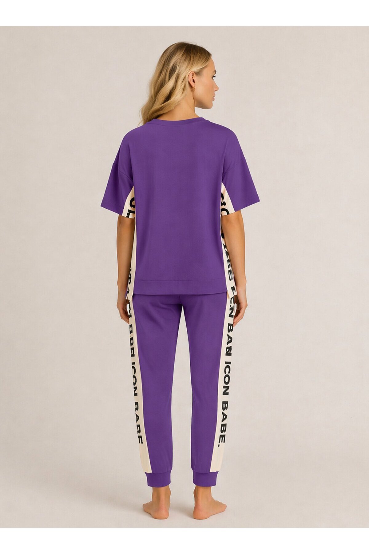 ICONE BABE Şerit Detaylı Oversize T-Shirt & Jogger Takım – Mor