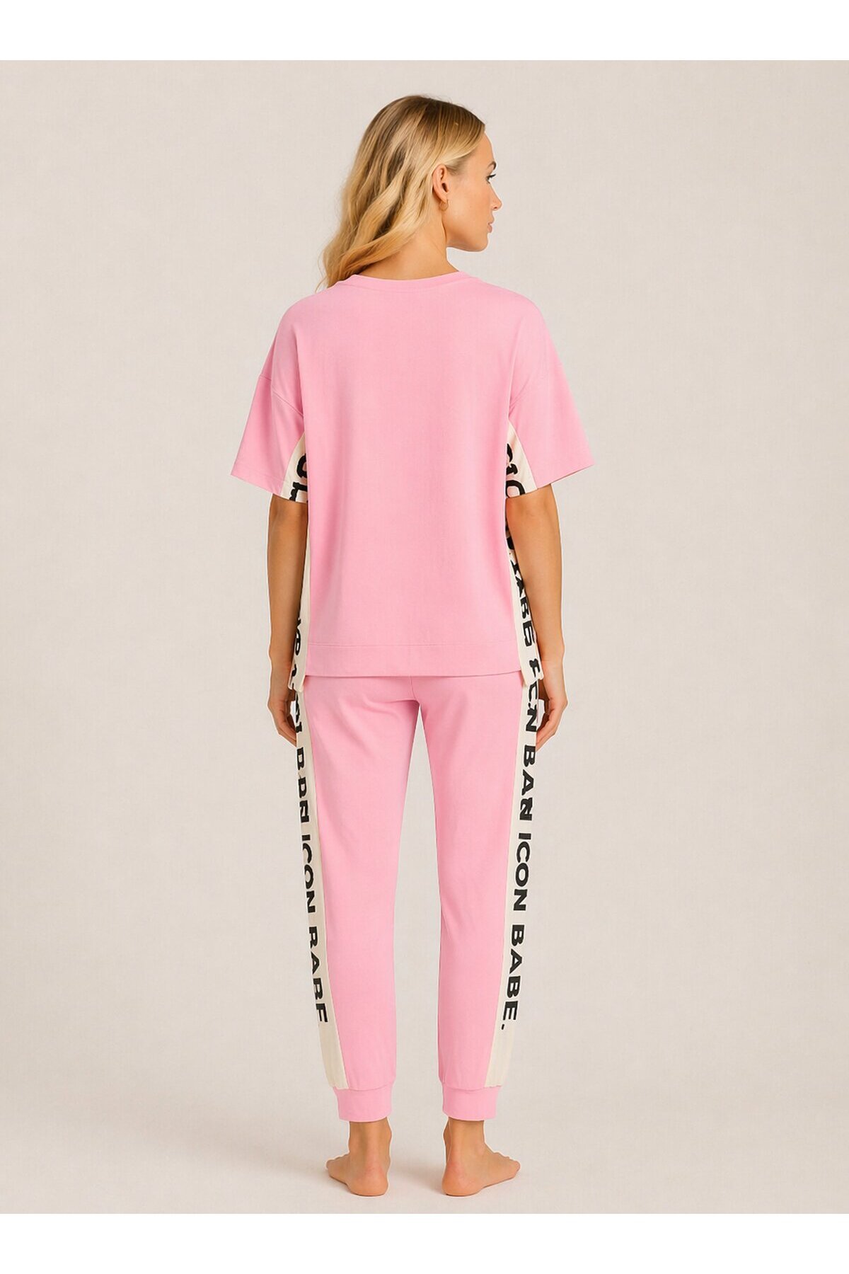 ICONE BABE Şerit Detaylı Oversize T-Shirt & Jogger Takım – Pembe