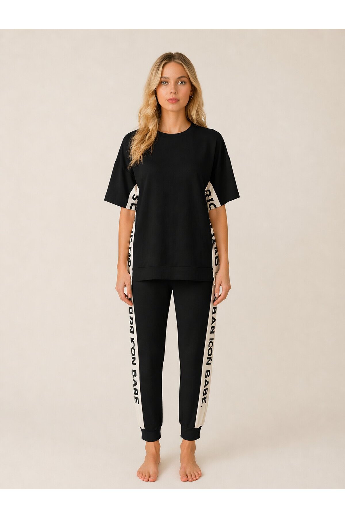ICONE BABE Şerit Detaylı Oversize T-Shirt & Jogger Takım – Siyah