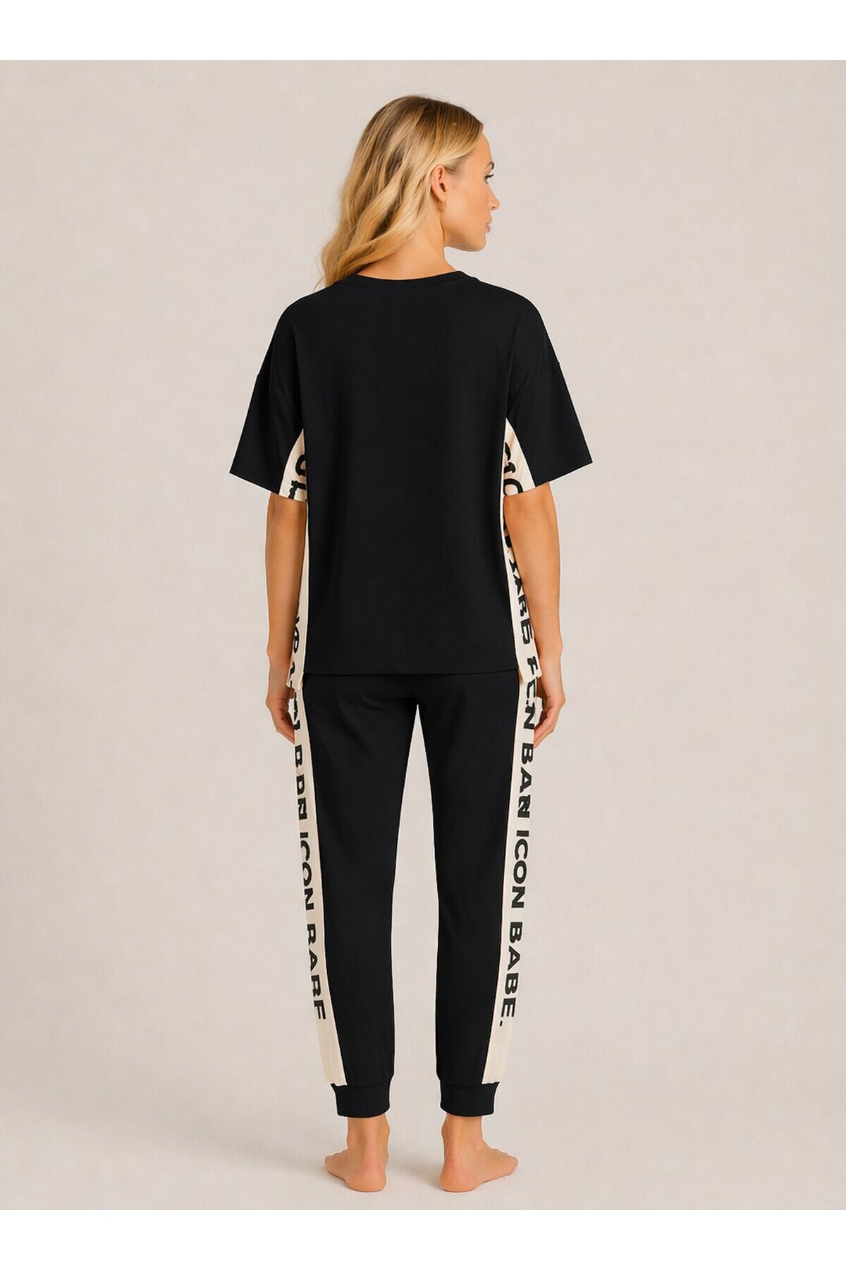 ICONE BABE Şerit Detaylı Oversize T-Shirt & Jogger Takım – Siyah