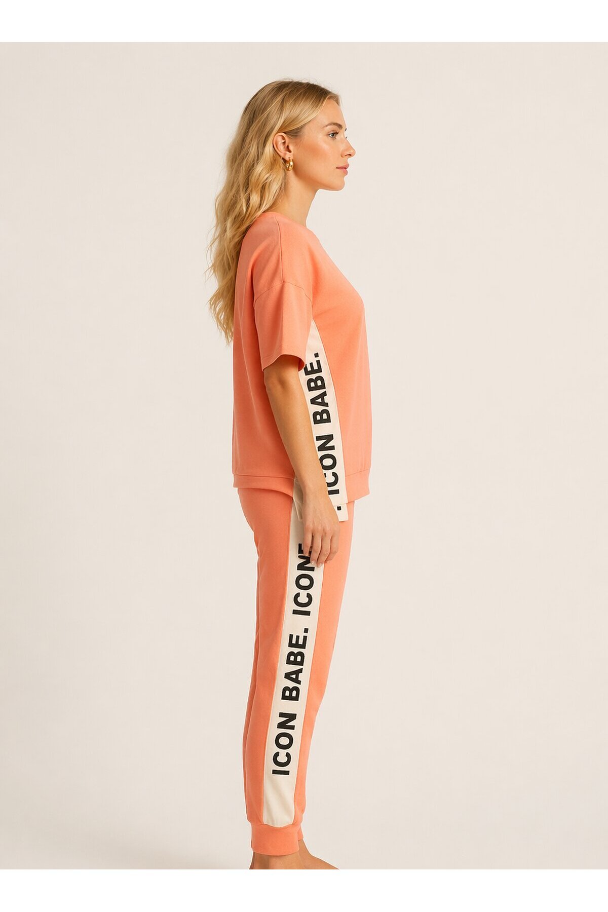 ICONE BABE Şerit Detaylı Oversize T-Shirt & Jogger Takım – Somon