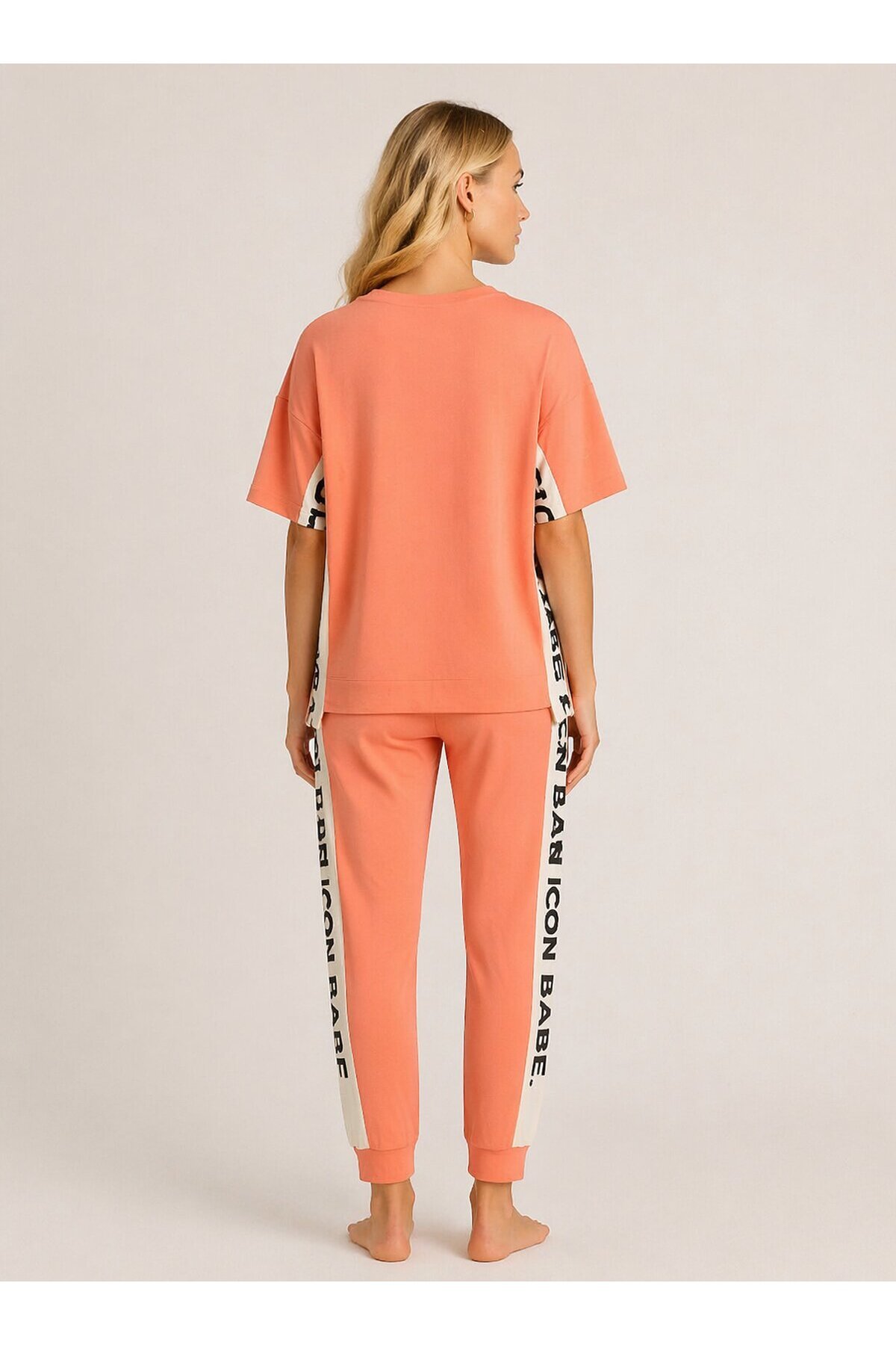 ICONE BABE Şerit Detaylı Oversize T-Shirt & Jogger Takım – Somon