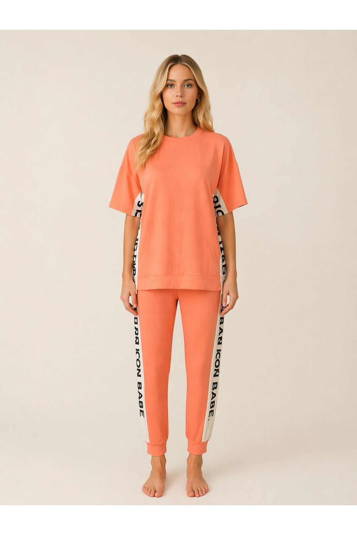 ICONE BABE Şerit Detaylı Oversize T-Shirt & Jogger Takım – Somon