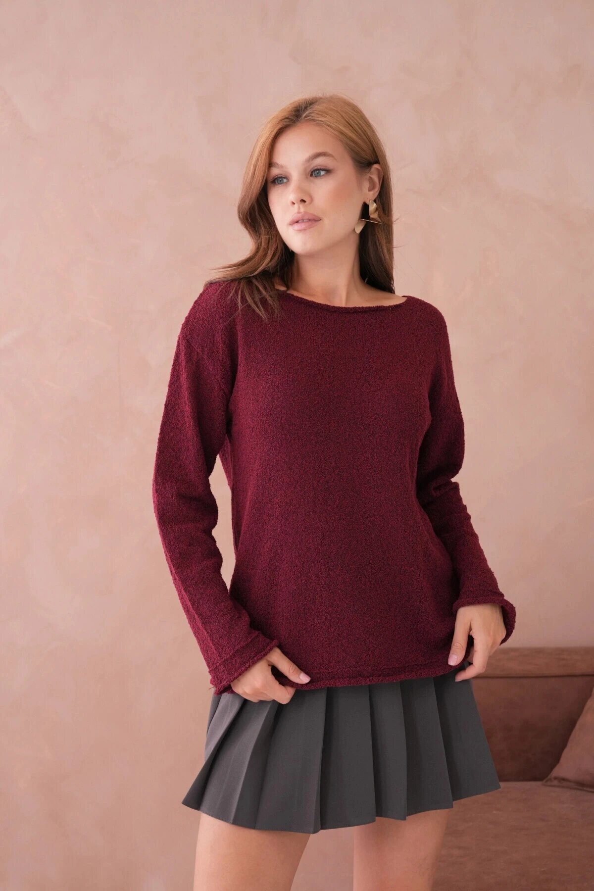 Kadın Bordo Basic Oversize Kayık Yaka Dokulu Triko Kazak