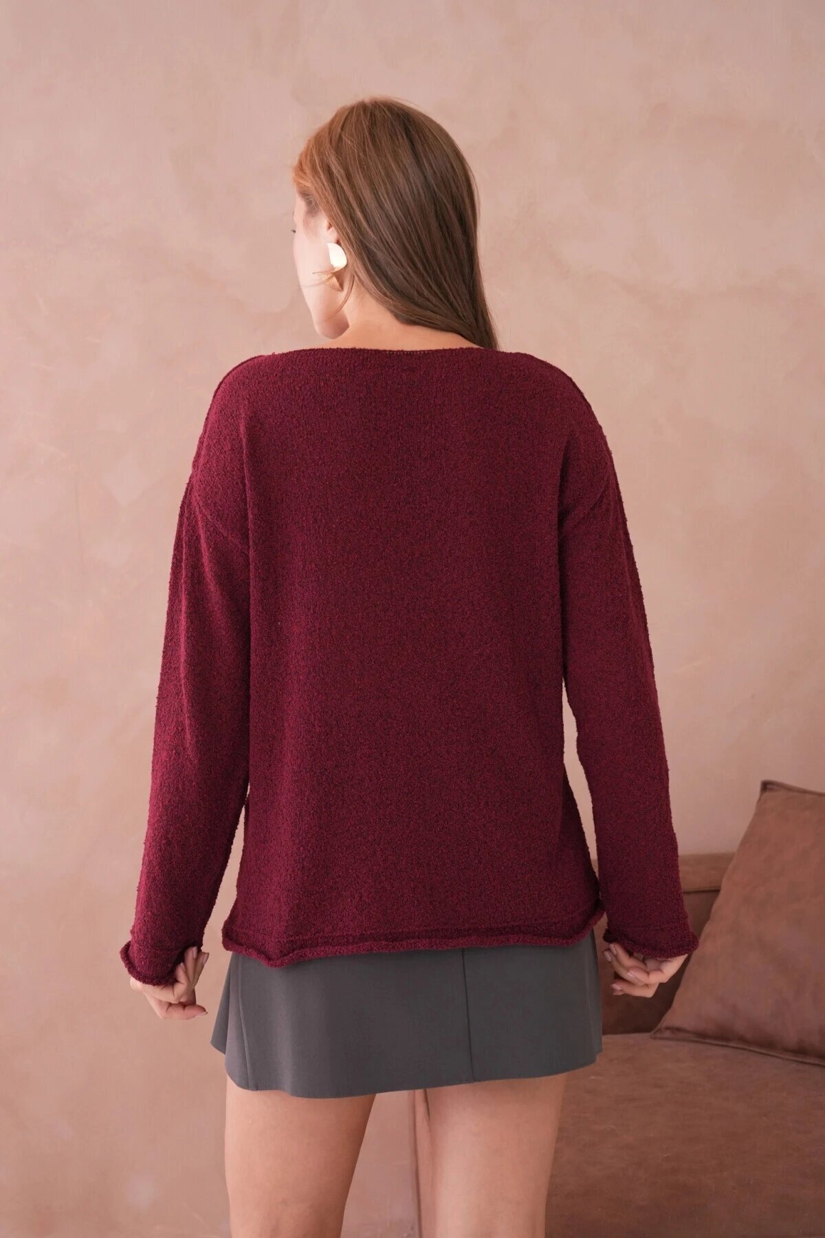 Kadın Bordo Basic Oversize Kayık Yaka Dokulu Triko Kazak
