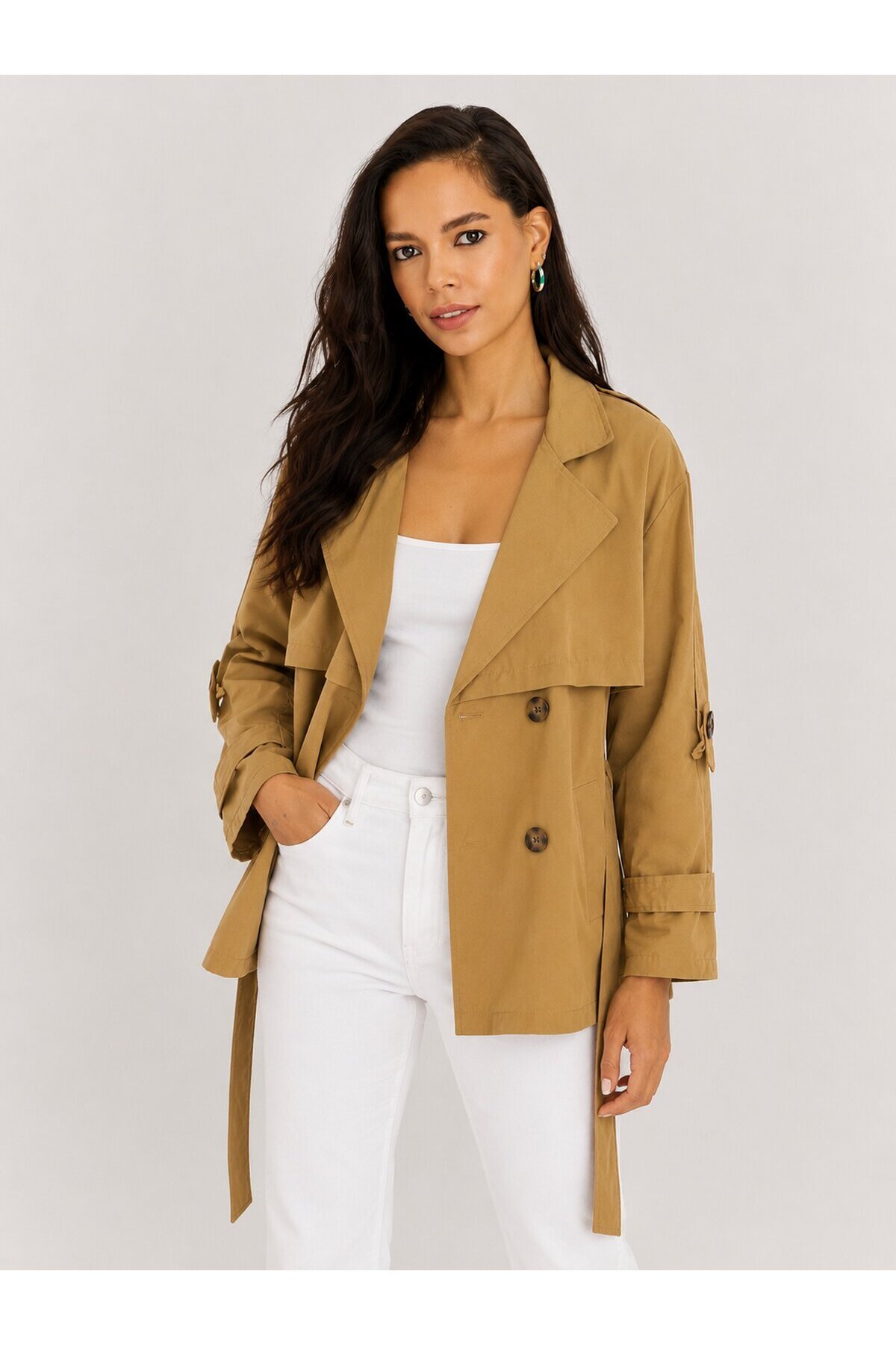 Kadın Camel Kuşaklı Trenç Ceket – Düğmeli Mevsimlik Oversize Model