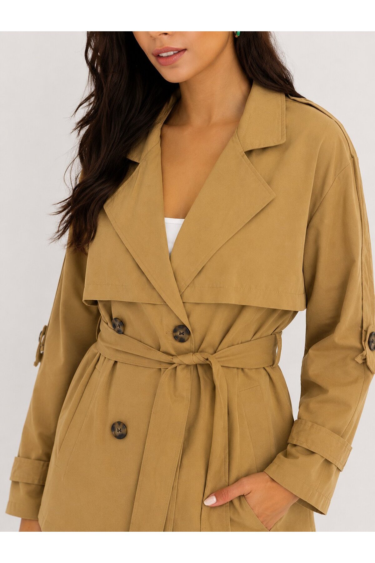 Kadın Camel Kuşaklı Trenç Ceket – Düğmeli Mevsimlik Oversize Model
