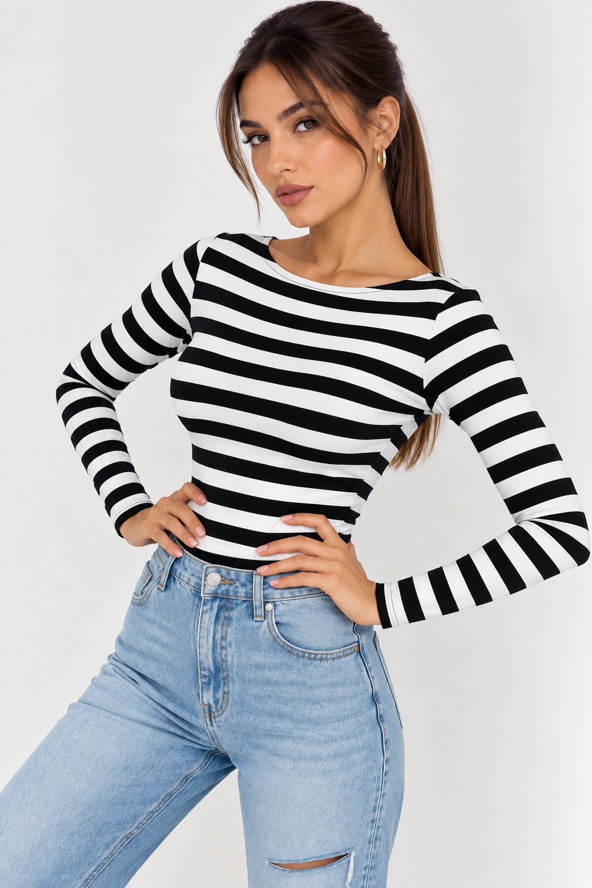 Kadın Çizgili Kayık Yaka Uzun Kollu Slim Fit Basic Bluz