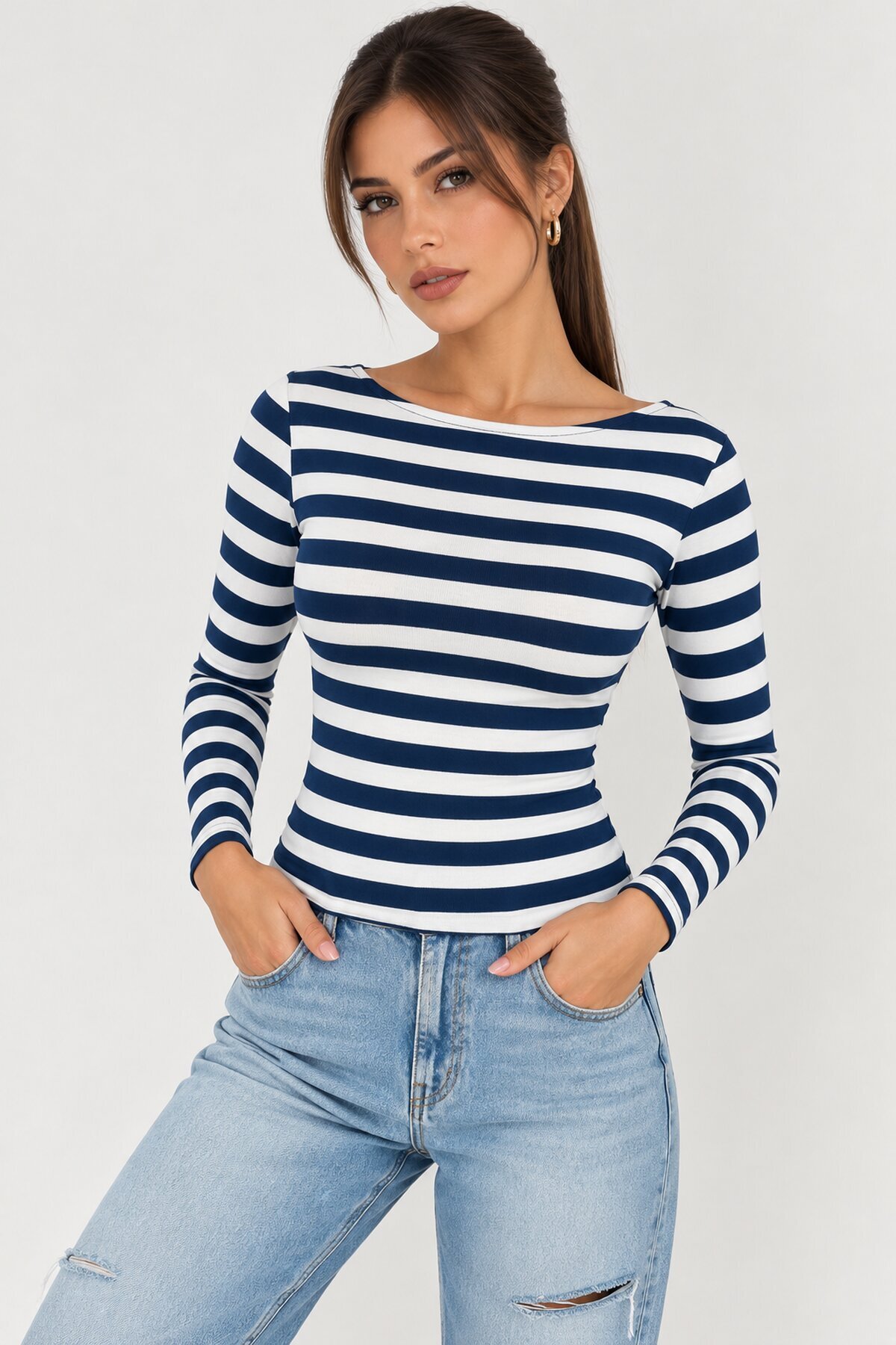 Kadın Çizgili Kayık Yaka Uzun Kollu Slim Fit Basic Bluz