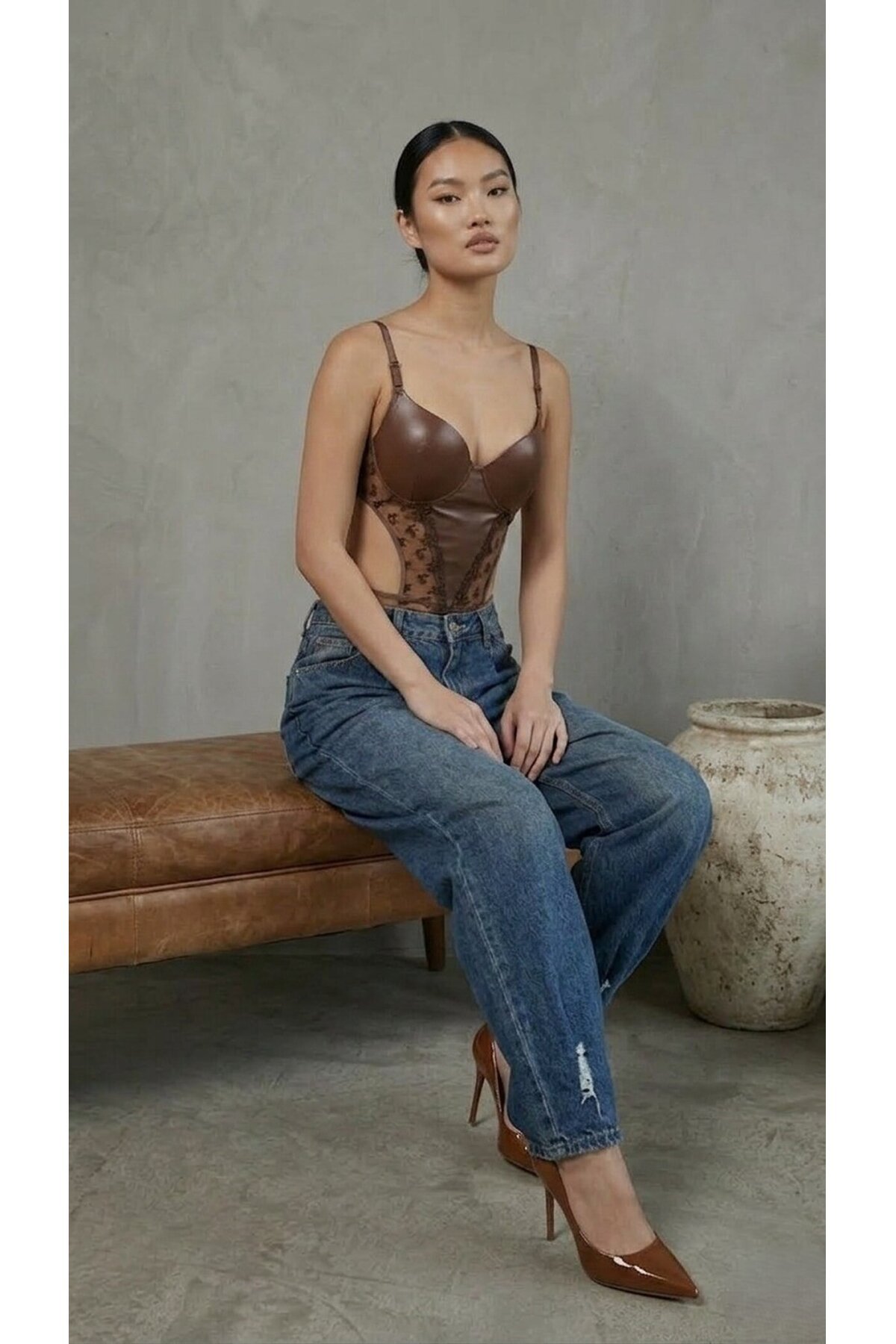 Kadın Dantelli Kahve Deri Transparan Çıtçıtlı Bodysuit