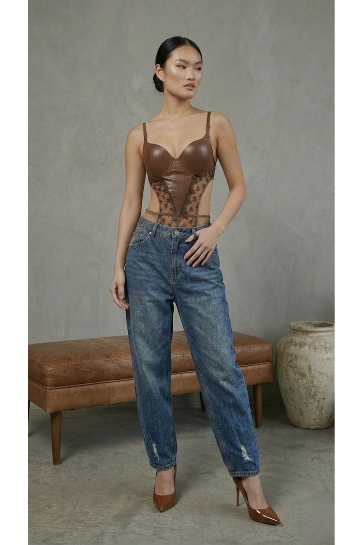 Kadın Dantelli Kahve Deri Transparan Çıtçıtlı Bodysuit
