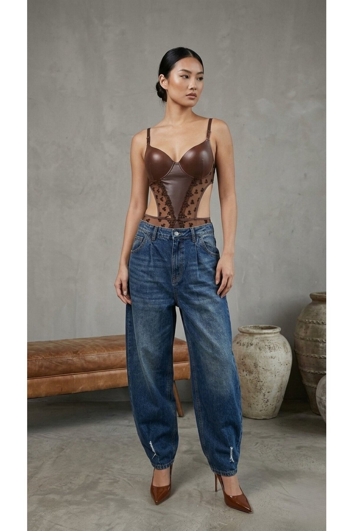 Kadın Dantelli Kahve Deri Transparan Çıtçıtlı Bodysuit