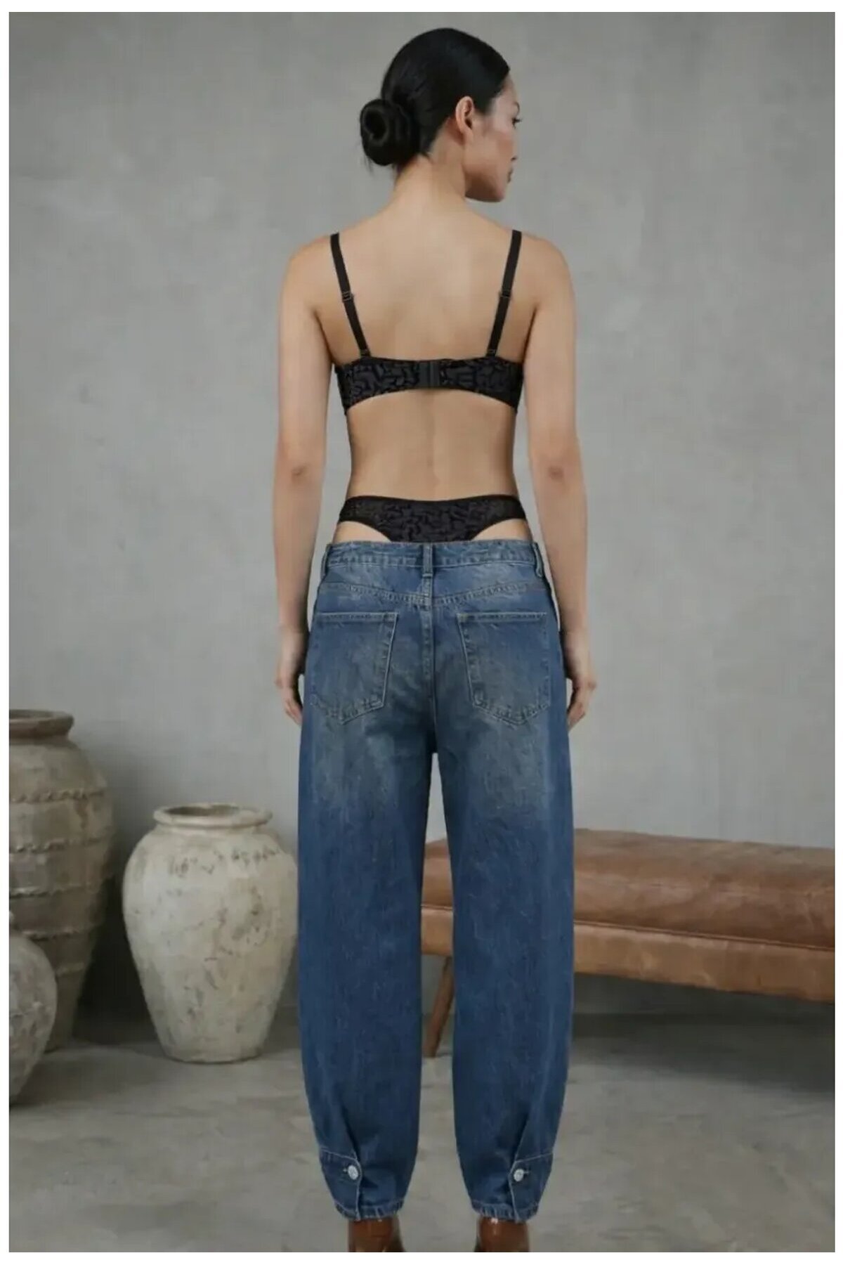 Kadın Dantelli Siyah Deri Transparan Çıtçıtlı Bodysuit