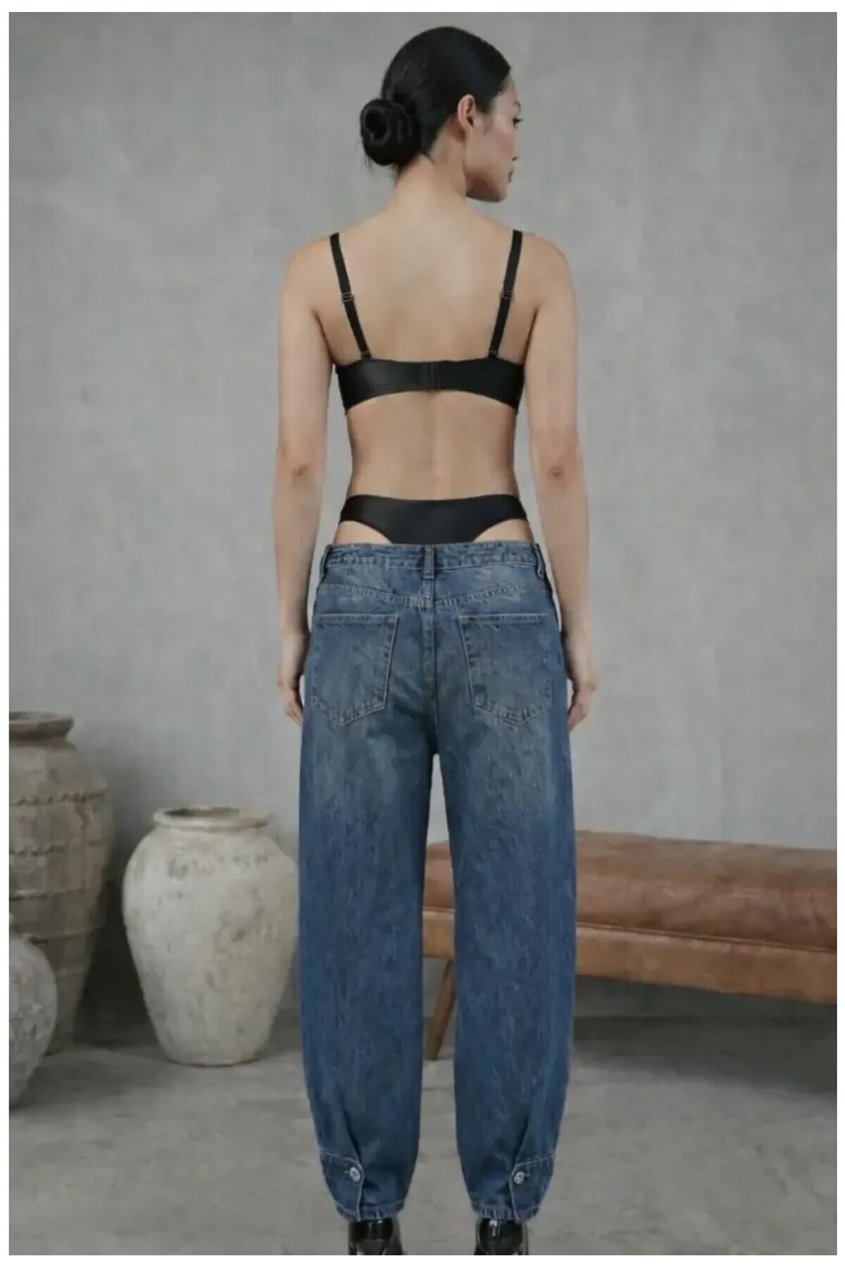 Kadın Dantelli Siyah Deri Transparan Çıtçıtlı Bodysuit