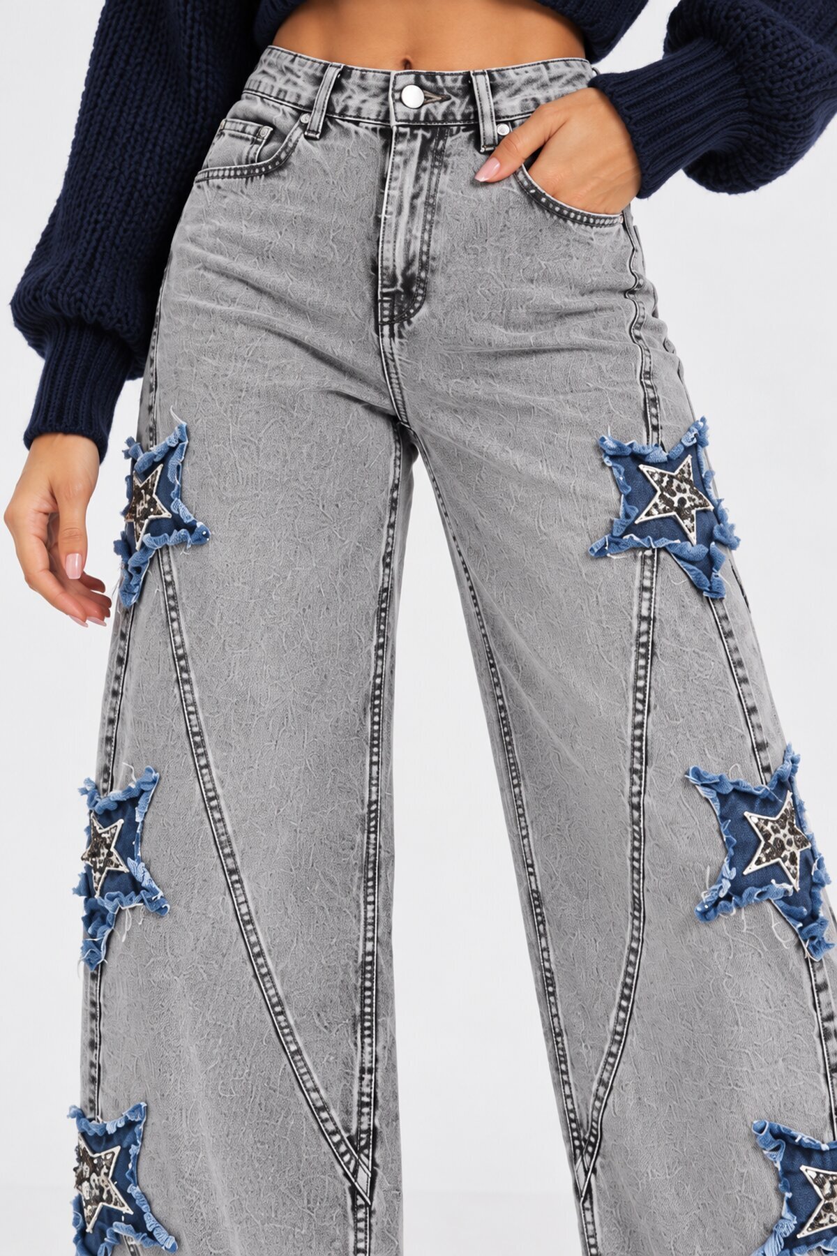 Kadın Gri Yıkamalı Yıldız Aplikeli Yüksek Bel Wide Leg Jean Pantolon