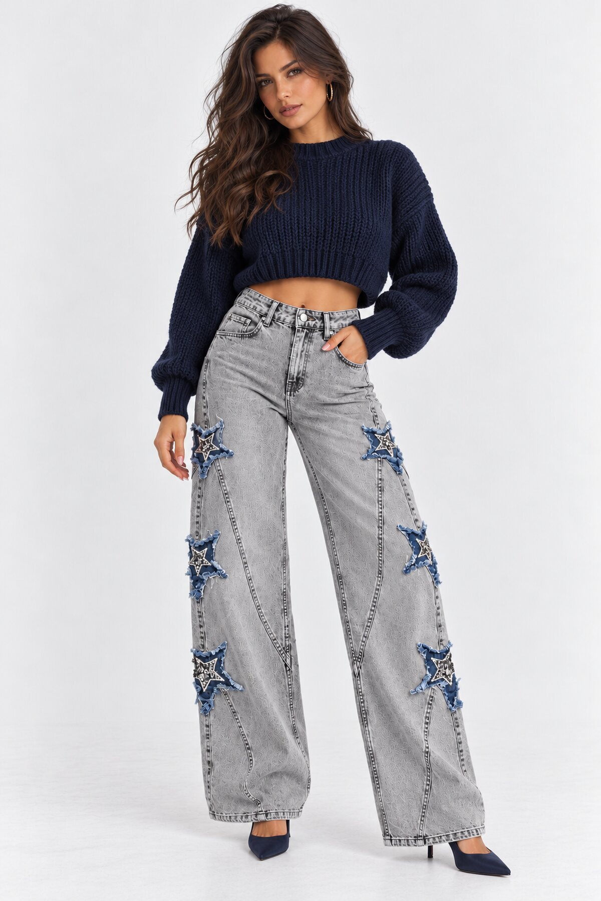Kadın Gri Yıkamalı Yıldız Aplikeli Yüksek Bel Wide Leg Jean Pantolon