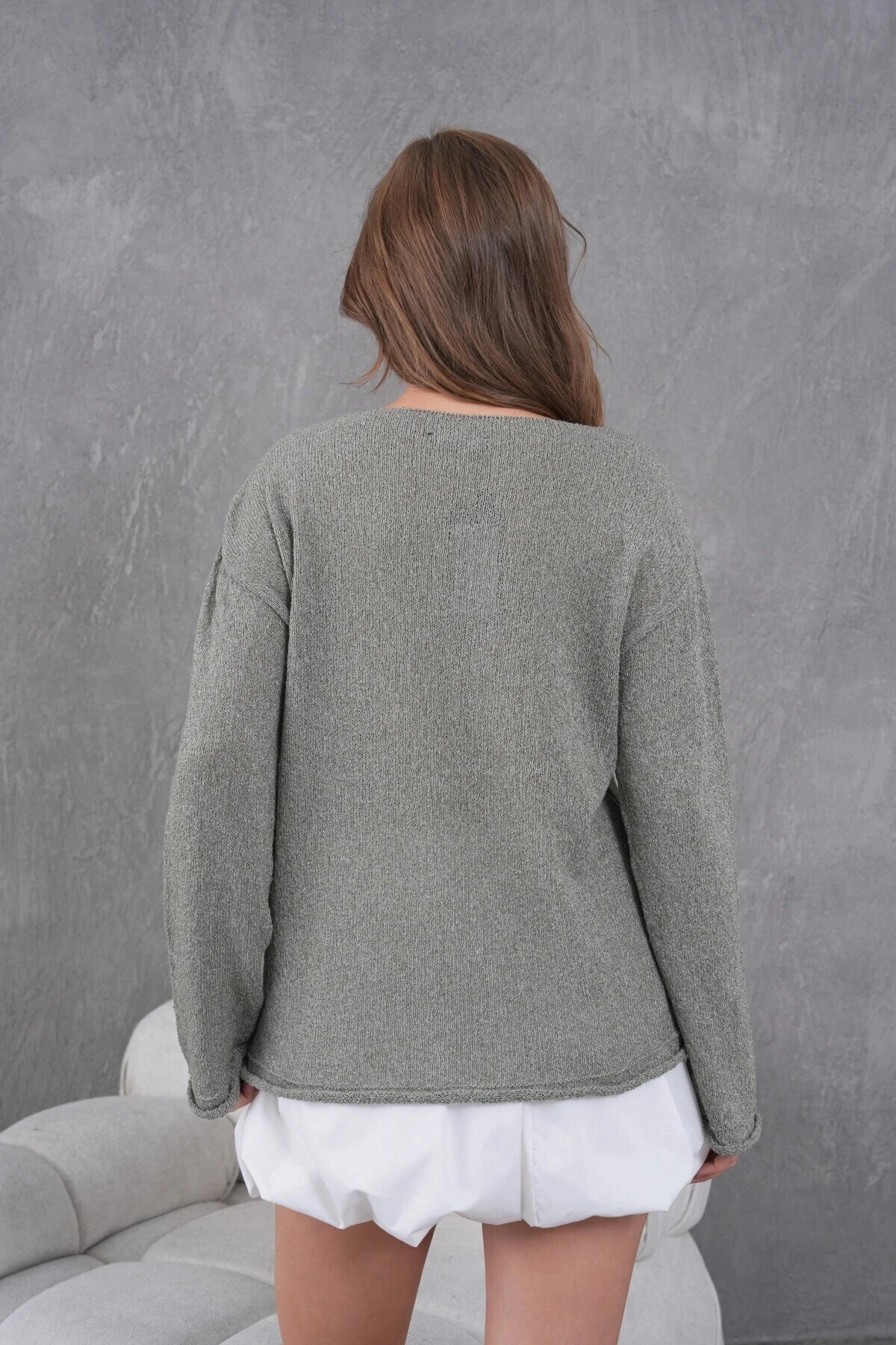 Kadın Haki Basic Oversize Kayık Yaka Dokulu Triko Kazak